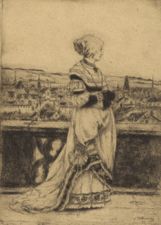 Lady walking on a terrace, print, printmaker: Willem Linnig (II), 1879, paper, etching, intaglio