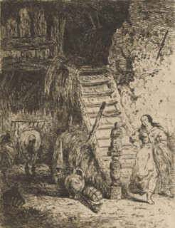Farmer's wife in a barn coming down the stairs, print, printmaker: Willem Linnig (II), printmaker:
