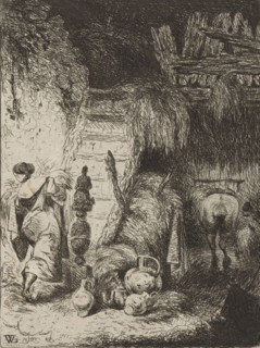 Farmer's wife in a barn walks up a staircase, print, annotation: 'IV', printmaker: Willem Linnig