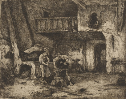 Two men at an anvil in the smithy, print, printmaker: Willem Linnig (II), 1864, paper, etching,