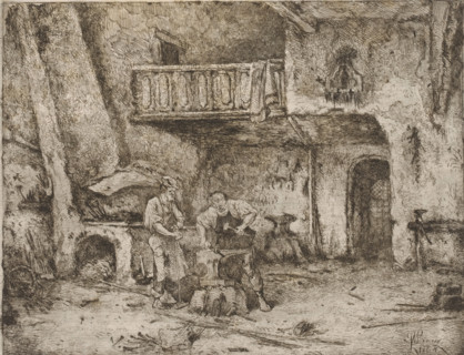 Two men at an anvil in the smithy, print, printmaker: Willem Linnig (II), 1864, paper, etching,