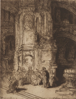 Interior of a synagogue, print, printmaker: Willem Linnig (II), 1876 - 1889, paper, etching,