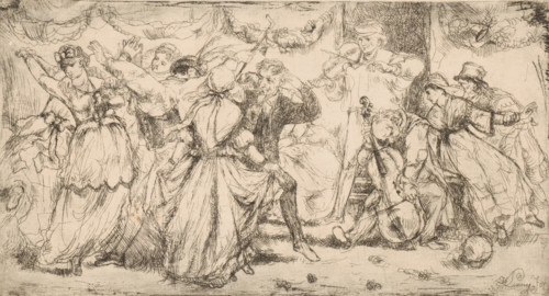 Dancing couples with a duo of strings, print, printmaker: Willem Linnig (II), 1852 - 1890, paper,