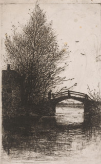 Pont soleil couchant (original title), Bridge over the water, print, printmaker: Philip Zilcken,