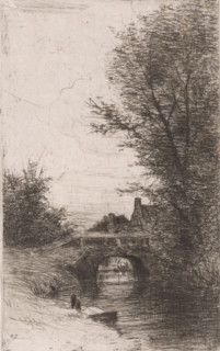 Bridge over a brook, print, A woman washing clothes can be seen under the bridge., printmaker: