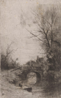 Bridge over a brook, print, A woman washing clothes can be seen under the bridge., printmaker: