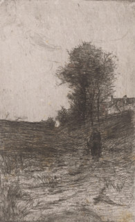 Landscape with trees, houses and walking figure, Soir a Etterbeek (Bruxelles) (original title),