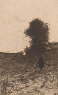 Landscape with trees, houses and walking figure, Soir a Etterbeek (Bruxelles) (original title),