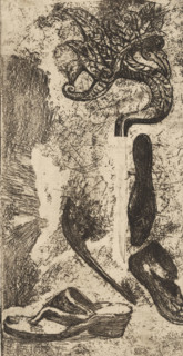 Coin d'atelier (original title), Shoe, sandals and a fantasy figure, print, printmaker: Philip