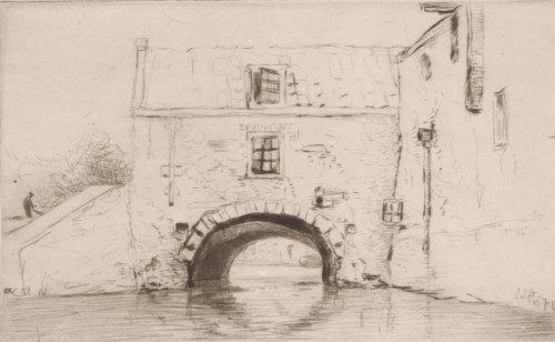 A côte de la Oostpoort, a Delft (original title), View from the canal of the Oostpoort, in Delft,