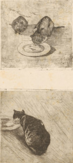 Print with two cats, one drinking from a plate and a print with a drinking cat, Two kittens,