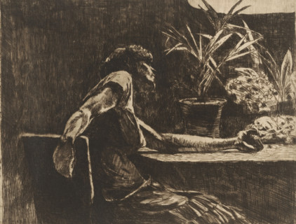 Woman at a table with flowers (original title), print, printmaker: Willem de Zwart, c. 1888 - c.