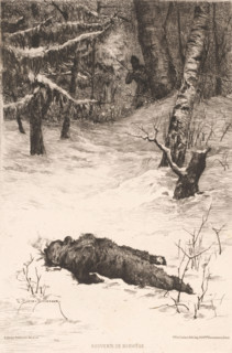 Hunter in the snow with shot bear, Souvenir de Norwège., print, printmaker: Etienne Prosper