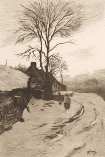 Winter evening (original title on object), print, Farms along a road with bare trees, on the road a