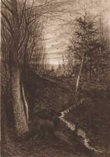 Landscape with two wild boars, print, printmaker: H. van Meerbeeck, 1850 - 1913, paper, etching,