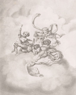 Putti on clouds with flowers and quivers, print, inscription: '2nd etat. De Meersman f 82',