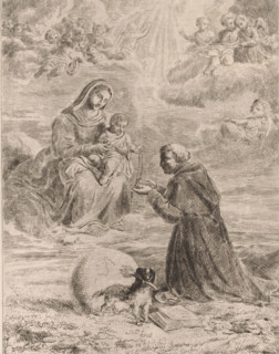 Appearance of Mary with the Christ Child to Saint Dominic, print, Christ gives a rosary to Dominic