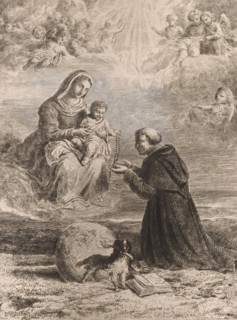 Appearance of Mary with the Christ Child to Saint Dominic, print, Christ gives a rosary to Dominic