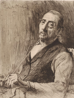 Man smoking a long pipe, print, printmaker: Charles Mertens, 1891, paper, etching, intaglio