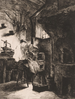 Engraver at work in a workshop, print, inscription: '1e état', printmaker: Charles Mertens, 1875 -