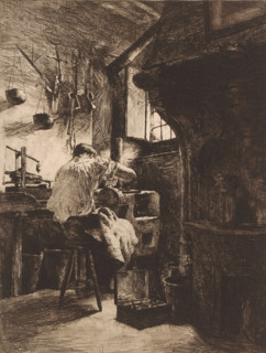 Etcher at work in a workshop, print, mark: 'Antwerpsche Etsers 1880', printmaker: Charles Mertens,