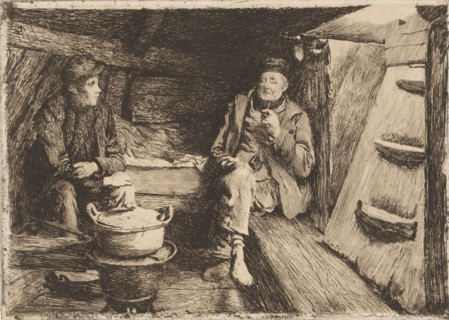 Two men in a low space around a cooking pot, print, printmaker: Charles Mertens, 1892, paper, chine