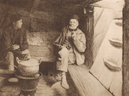 Two men rest in the hold of a ship, print, printmaker: Charles Mertens, Belgium, 1875 - 1913,