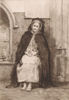 Old beggar woman seated in front of the Basilica of Our Lady of Scherpenheuvel, print, inscription: