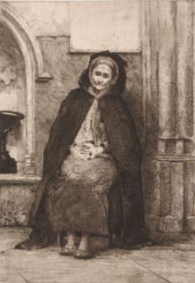 Old beggar woman seated in front of the Basilica of Our Lady of Scherpenheuvel, print, inscription: