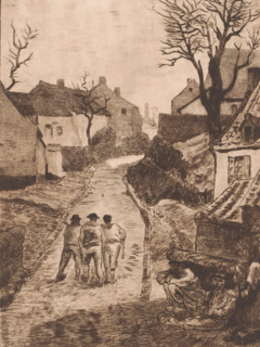 Three men walking on a road in a mining village, print, printmaker: Karl Meunier, after painting by
