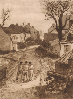 Three men walking on a road in a mining village, print, printmaker: Karl Meunier, after painting by