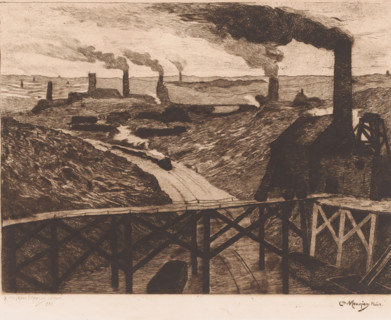 Industrial landscape with viaduct and a passing train, print, printmaker: Karl Meunier, after
