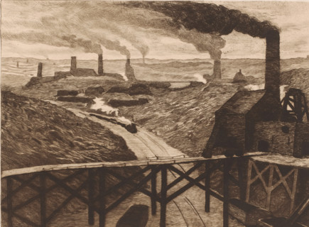 Industrial landscape with viaduct and a passing train, print, printmaker: Karl Meunier, after