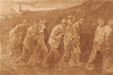 Ten miners on their way to work, print, inscription: '2 em Etat', printmaker: Karl Meunier, after