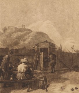 Card players outside at a table with a hill in the background, print, printmaker: Karl Meunier