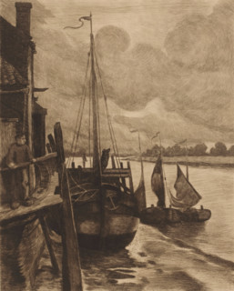 View of boats in the Scheldt near Rupelmonde, print, inscription: '1er Etat KM', printmaker: Karl