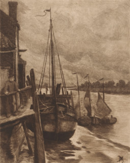 View of boats in the Scheldt near Rupelmonde, print, printmaker: Karl Meunier, 1874 - 1894, paper,