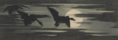 Three ducks migrating past the setting sun, print, printmaker: attributed to Marc Henry Meunier,