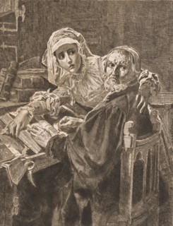Old man and a woman reading forbidden literature, print, inscription: '1e Etat', printmaker: Jean