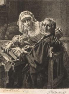 Old man and a woman reading forbidden literature, print, printmaker: Jean Baptiste Pierre Michiels,
