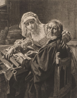 Old man and a woman reading forbidden literature, Lecture promibée au Michiels, printmaker, after