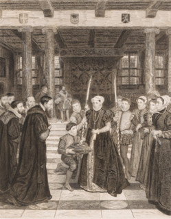 Margaretha van Parma hands over the city keys to the Antwerp magistrates in the city hall, print,