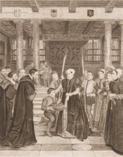 Margaretha van Parma hands over the city keys to the Antwerp magistrates in the city hall, print,