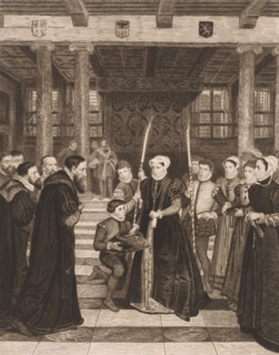Margaretha van Parma hands over the city keys to the Antwerp magistrates in the city hall, print,