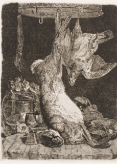Still life with a hare and partridge at a game crown, print, printmaker: Paul Emile Nicolié, 1876,
