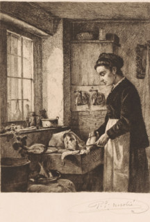 Woman preparing fish in a kitchen, print, mark: 'Antwerpsche Etsers 1880', printmaker: Paul Emile