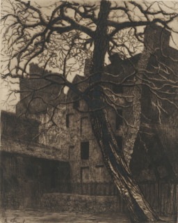 Courtyard of the Église Saint-Julien-le-Pauvre in Paris, print, printmaker: Alexis Forel, dedicated