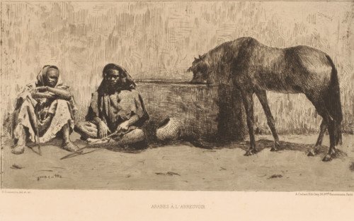 Arabes à l'abreuvoir, Arabs (former title), Two seated men by a trough with a horse, print,