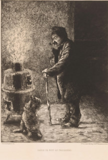 Night watchman with dog by stove, Garde de nuit au Trocadéro, print, Numbered top right: 437.,