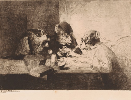Dressed monkey giving writing lessons to a dog and a monkey, print, Numbered top right: 42.,